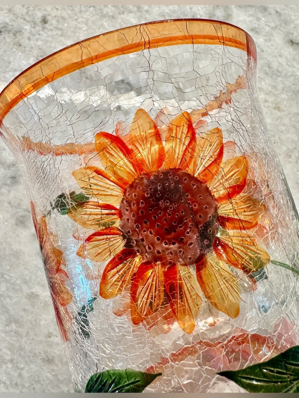 New Yankee Candle Summer Fall Sunflower Crackle Glass Hurricane Candle Holder 7”